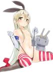  ama_mitsuki anchor anchor_hair_ornament black_panties blonde_hair blush breasts brown_eyes elbow_gloves gloves hair_censor hair_ornament hairband kantai_collection long_hair looking_at_viewer navel panties panty_tug rensouhou-chan shimakaze_(kantai_collection) simple_background sitting small_breasts solo striped striped_legwear thighhighs topless underwear wariza wedgie white_background white_gloves 