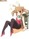  animal_ears backpack bag bow bowtie brown_eyes brown_hair bunny_ears bunnysuit detached_collar double_bun high_heels highres kantai_collection long_hair looking_at_viewer michishio_(kantai_collection) mushin pantyhose shadow sitting solo twintails twitter_username wrist_cuffs 