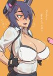  blush breasts checkered checkered_neckwear cleavage covered_nipples eyepatch fang fingerless_gloves gloves headgear heavy_breathing kantai_collection large_breasts mikoyan necktie open_clothes open_mouth open_shirt purple_hair sexually_suggestive shirt short_hair solo sweatdrop tenryuu_(kantai_collection) translated yellow_eyes 