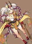  :d arm_at_side bare_shoulders beads blonde_hair breasts brown_background claws cleavage facial_mark fate/grand_order fate_(series) from_above full_body headdress holding holding_weapon horns ibaraki_douji_(fate/grand_order) japanese_clothes kimono large_breasts long_hair long_sleeves looking_at_viewer multicolored_hair off_shoulder oni_horns open_mouth red_skin rope shiseki_hirame short_kimono side_ponytail silver_hair simple_background smile solo standing tassel tattoo two-tone_hair two_side_up very_long_hair weapon wide_sleeves yellow_kimono 