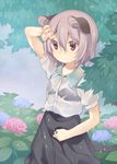  akagashi_hagane animal_ears black_bra bra flower grey_hair grey_skirt hair_between_eyes hydrangea jewelry looking_up mouse_ears mouse_tail nazrin outdoors pendant rain red_eyes see-through short_hair skirt skirt_set solo tail touhou tree under_tree underwear wet wet_clothes 
