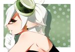  black_dress close-up detached_collar domino_mask dress earrings food food_on_head from_side gloves hat highres hotaru_(splatoon) jewelry mask object_on_head pointy_ears short_hair silver_hair solo splatoon_(series) splatoon_1 strapless tentacle_hair tentacles tongue tongue_out uzura_kazuhisa white_gloves yellow_eyes 