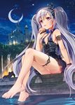  armlet bare_shoulders barefoot breasts castle cleavage crepe crescent_moon crown cupcake dress feet food legs long_hair mini_crown moon murakami_yuichi night original purple_eyes shoes_removed sideboob silver_hair small_breasts soaking_feet solo thighlet toes tongue tongue_out twintails underboob very_long_hair wet 