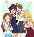  ahoge black_hair black_ribbon black_skirt blonde_hair blue_eyes blue_skirt brown_eyes brown_hair collarbone dress futami_ami ganaha_hibiki green_eyes hair_ribbon hoshii_miki idolmaster idolmaster_(classic) lieass long_hair minase_iori multiple_girls necktie one_eye_closed open_mouth pinafore_dress plaid plaid_neckwear pleated_skirt ponytail red_ribbon red_skirt ribbon rough_time_school school_uniform schoolgirl_wear_(idolmaster) shirt short_hair skirt underbust v white_shirt 