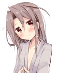  alternate_hairstyle amano_kouki blush brown_eyes collarbone commentary_request flying_sweatdrops hair_down head_tilt highres kantai_collection light_brown_hair long_hair long_sleeves looking_at_viewer simple_background sketch solo upper_body white_background zuihou_(kantai_collection) 