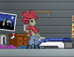  animated bed clothed clothing flashing flora_fauna floran green_skin humanoid legwear male penis pixel plant poster socks standing_tough starbound starcrew topless vex video_games 