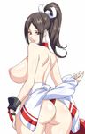  areolae ass azure breasts brown_eyes brown_hair fatal_fury female from_behind gloves highres huge_ass huge_breasts long_hair looking_back milf nipples perky_breasts ponytail shiranui_mai simple_background solo the_king_of_fighters thick_thighs topless white_background wide_hips 