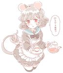 :o alternate_costume animal_ears apron basket blush cowboy_shot cup enmaided grey_hair jewelry maid mitsumoto_jouji mouse mouse_ears mouse_tail nazrin open_mouth pendant red_eyes ribbon saucer short_hair solo sweatdrop tail teacup teapot thighhighs touhou translated v-shaped_eyebrows 