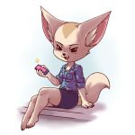  2019 aggressive_retsuko anthro barefoot big_ears big_head blush breasts canid canine cellphone cheek_tuft cleavage clothed clothing female fennec fenneko fox holding_object inner_ear_fluff looking_at_viewer mammal open_mouth open_smile phone plagueofgripes simple_background sitting smile solo tuft white_background 