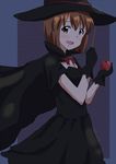  apple black_dress black_hat bob_cut breasts brown_eyes brown_hair cleavage dress food fruit hagiwara_yukiho hat holding idolmaster idolmaster_(classic) lieass looking_at_viewer open_mouth short_hair small_breasts solo witch_hat 
