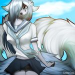  angiewolf anthro canine clothed clothing cloud female hair hair_over_eye looking_at_viewer mammal outside school_uniform solo uniform 