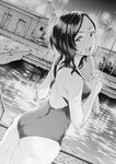  :d ass back blush breasts commentary greyscale kickboard long_hair looking_at_viewer looking_back medium_breasts mole mole_under_mouth monochrome nakajima_ryou night one-piece_swimsuit open_mouth original pool pool_ladder poolside smile solo swimsuit teeth water wet 