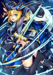  ;o absurdres alternate_costume arm_up artoria_pendragon_(all) ass bangs baseball_cap black_footwear black_hat black_legwear black_shorts blonde_hair blue blue_ribbon boots dual_wielding eyebrows eyebrows_visible_through_hair eyelashes fate/grand_order fate_(series) fingerless_gloves firebate gloves glowing glowing_sword glowing_weapon hair_between_eyes hat hat_removed headwear_removed highres himitsucalibur holding holding_sword holding_weapon jacket jacket_removed long_hair long_sleeves looking_back moon motion_blur mysterious_heroine_x night night_sky one_eye_closed ponytail ribbon rojiura_satsuki:_chapter_heroine_sanctuary scarf shorts sky solo sword thigh_boots thighhighs track_jacket weapon 