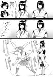  bangs bifidus breasts bug catching comic commentary_request crossed_arms detached_sleeves fusou_(kantai_collection) greyscale hair_ornament hakama hands_together headgear hyuuga_(kantai_collection) insect ise_(kantai_collection) japanese_clothes kantai_collection large_breasts leg_wrap long_hair monochrome mosquito nontraditional_miko open_mouth ponytail sandals short_hair sidelocks smile tabi translated v_arms wide_sleeves yamashiro_(kantai_collection) 