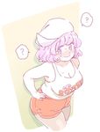  ? bare_shoulders blush brand_name_imitation breasts cleavage cowboy_shot from_above hand_on_hip hat hooters large_breasts lavender_hair letty_whiterock mitsumoto_jouji pantyhose parody pig plump purple_eyes short_hair short_shorts shorts simple_background sketch solo spoken_question_mark sweat tank_top touhou wavy_mouth 