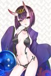  blush breasts eyebrows eyebrows_visible_through_hair fangs fate/grand_order fate_(series) fujisaka_kuuki hair_ornament horns japanese_clothes kimono large_breasts looking_at_viewer navel off_shoulder oni oni_horns open_clothes open_kimono open_mouth purple_eyes purple_hair short_eyebrows short_hair shuten_douji_(fate/grand_order) smile solo 