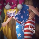  1girl american_flag_dress american_flag_legwear bent_over between_thighs black_shirt blonde_hair censored closed_mouth clownpiece cum flag_print hat hetero jester_cap long_hair mikami_yuuki_(nl8you) mosaic_censoring muscle open_clothes open_shirt pantyhose penis pink_hat polka_dot polka_dot_hat shirt short_sleeves smile solo_focus standing star star_print striped striped_legwear thigh_sex touhou very_long_hair 