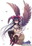  absurdres ankle_ribbon arm_support armor between_legs bikini_armor black_hair black_legwear breasts cleavage copyright_name demon_horns feathers full_body gem hand_between_legs heart heart_tattoo highres horns large_breasts long_hair looking_at_viewer magia_break official_art pauldrons pointy_ears purple_eyes ribbon sidelocks sitting skirt slippers smile solo tattoo thighhighs transparent_background usamata very_long_hair wings 