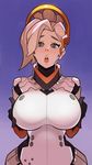  alternate_breast_size blonde_hair bodysuit breast_lift breasts gloves high_ponytail highres huge_breasts lips long_hair looking_at_viewer mechanical_halo mercy_(overwatch) overwatch ponytail solo splashbrush 