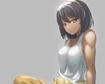  arms_at_sides bangs bare_shoulders black_hair blue_eyes breasts closed_mouth clothes_around_waist girls_und_panzer grey_background hair_between_eyes hoshino_(girls_und_panzer) jumpsuit looking_at_viewer medium_breasts ranma_(kamenrideroz) shade shirt short_hair simple_background sitting sleeveless smile solo tank_top toned white_shirt 