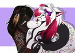  anthro areola breasts butt canine dotsfa duo ear_piercing fangs feathers feline female half-closed_eyes hands_above_head male male/female mammal nipples open_mouth piercing simple_background tattoo teeth tongue 