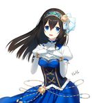  :d black_hair blue_dress blue_eyes bright_memories dress elbow_gloves gloves hairband hands_on_own_chest idolmaster idolmaster_cinderella_girls long_hair open_mouth puffy_short_sleeves puffy_sleeves sagisawa_fumika short_sleeves simple_background smile solo white_background white_gloves yaho_(yaho0211) 