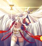  ass_visible_through_thighs bare_shoulders breasts cleavage closed_eyes crown detached_sleeves dress_of_heaven fate/grand_order fate_(series) glowing grail holy_grail_(fate) impossible_clothes irisviel_von_einzbern irisviel_von_einzbern_(caster) jewelry large_breasts long_hair md5_mismatch navel necklace open_mouth skindentation solo thighhighs tsukikanade white_hair wide_sleeves 