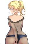  ass ayase_eli back blonde_hair blue_eyes bracelet jewelry long_hair looking_back love_live! love_live!_school_idol_project ponytail profile revision see-through solo string_bikini xinshijie_de_akalin 