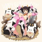  :d animal_ears animal_print bell black_hair blush breasts brown_eyes collar cow cow_ears cow_horns cow_print cow_tail gloves happy_birthday headset highres horns huge_breasts idolmaster idolmaster_cinderella_girls looking_at_viewer nash_(na-si) oikawa_shizuku open_mouth pink_gloves pink_legwear smile solo tail thighhighs 