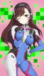  armor bangs bodysuit breasts brown_eyes brown_hair contrapposto covered_navel d.va_(overwatch) facial_mark finger_to_chin gloves hand_on_hip hand_up headphones heinz_ox high_collar highres large_breasts long_hair looking_at_viewer one_eye_closed overwatch pilot_suit skin_tight solo standing swept_bangs whisker_markings white_gloves 