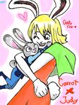  animal_ears blonde_hair bunny bunny_ears bunny_tail carrot carrot_(one_piece) crossover disney furry glomp heart hug judy_hopps multiple_girls one_eye_closed one_piece open_mouth police police_uniform policewoman short_hair simple_background smile tail uniform zootopia 