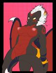  2016 animal_genitalia anthro big_breasts blush breasts dragon exposed feathers female goina hair invalid_color mina nipples nude pussy simple_background smile solo trail wings 