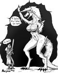  2016 anthro armor big_breasts breasts claws clothed clothing digitigrade dragon duo english_text female greyscale hair helmet horn human larger_female male mammal melee_weapon monochrome nervous nnecgrau nude open_mouth scalie size_difference smaller_male spikes standing sword text traditional_media_(artwork) weapon 