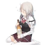  bangs black_corset blush bottle bow bowtie breasts bubble closed_eyes commentary_request corset drunk eyebrows eyebrows_visible_through_hair fuu_fuu grey_hair hair_between_eyes holding holding_bottle kantai_collection large_breasts long_hair no_shoes pola_(kantai_collection) red_bow red_neckwear ribbon sake_bottle shirt simple_background skirt sleeves_past_wrists solo thick_eyebrows thighhighs wavy_hair white_background white_legwear white_ribbon white_shirt wine_bottle zettai_ryouiki 