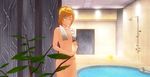  3d artoria_pendragon_(all) bathroom blonde_hair breasts custom_maid_3d_2 fate/stay_night fate_(series) green_eyes maid nude saber small_breasts smile solo towel towel_around_neck 