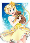  :d absurdres bad_id bad_pixiv_id bare_shoulders blonde_hair blue_eyes carrying dog dress hair_ribbon highres open_mouth original ribbon short_hair smile solo strapless strapless_dress yokoshima_mingu 