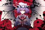  ascot bat_wings blood blood_on_face dress hat hat_ribbon highres lavender_hair long_sleeves looking_at_viewer mob_cap puffy_sleeves red_background red_eyes remilia_scarlet ribbon rihito_(usazukin) sash simple_background smile solo text_focus touhou upper_body wings 