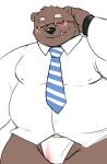  2019 anthro belly black_nose blush brown_fur bulge clothing cute_fangs eyes_closed eyewear fundoshi fur glasses humanoid_hands japanese_clothing jumperbear male mammal moobs necktie nipples overweight overweight_male shirt simple_background solo underwear ursid white_background 