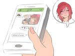  anger_vein blush cellphone character_doll closed_eyes full-face_blush love_live! love_live!_school_idol_project merchandise nesoberi nishikino_maki noel_(pixiv5459099) phone red_hair smartphone smile speech_bubble spoken_person text_messaging translated yazawa_nico 