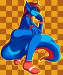  andy_the_squirrel anthro blue_fur checkered_background collar dodedo fur green_eyes hair male mammal nude outline pattern_background red_hair rodent simple_background solo squirrel 