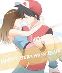  1girl arms_around_neck birthday blue_(pokemon) blue_shirt blue_socks denim english eyes_closed hat headwear holding jeans pants pokemon pokemon_special red_(pokemon) red_jacket red_skirt smile 