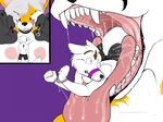  2012 anthro black_nose canine clothed clothing drooling duo female fur green_eyes grey_hair hair handcuffs larger_female licking licking_lips male male/female mammal nude open_mouth orange_fur purple_background raven_(artist) restrained saliva shackles shorts simple_background size_difference smaller_male sweat teeth tongue tongue_out topless vore white_fur 