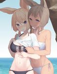  :q animal_ears assisted_exposure bikini bikini_under_clothes black_bikini blonde_hair blue_eyes blush breasts cleavage collarbone day grey_hair highres medium_breasts multiple_girls naughty_face navel ocean open_mouth original pulled_by_another shirt_lift short_hair side-tie_bikini sky smile standing swimsuit tokuno_yuika tongue tongue_out water white_bikini yuri 