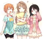  bike_shorts black_hair brown_hair frilled_pillow frills heart heart_print hoshizora_rin long_hair love_live! love_live!_school_idol_project messy_hair minami_kotori multiple_girls off-shoulder_shirt one_eye_closed orange_hair pajamas paw_print pillow polka_dot polka_dot_background red_eyes rubbing_eyes shirt short_hair sleepy waking_up yawning yazawa_nico yellow_eyes yimu 