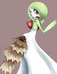  2012 :o abstract_background ambiguous_gender anthro bite brown_fur butt digital_media_(artwork) duo eyelashes feral fur gardevoir green_hair hair joltik92 mammal nintendo open_mouth pok&eacute;mon red_eyes simple_background tears video_games zigzagoon 