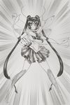  bishoujo_senshi_sailor_moon black_hair blade_under_mask boots bow cosplay elbow_gloves female full_body insect_girl monochrome nae_(blade_under_mask) ribbon sailor_moon sailor_moon_(cosplay) skirt solo twintails whitemantis 