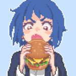  1girl blue_background blue_hair cheese determined earrings eating food hamburger hcnone holding holding_food jewelry lettuce long_sleeves open_mouth original outline pixel_art portrait red_eyes shirt short_hair simple_background solo tomato white_outline white_shirt 