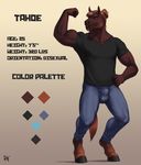  2016 anthro beard biceps blue_eyes brown_fur brown_hair bulge clothing digital_media_(artwork) english_text equine facial_hair flexing front_view fur gradient_background hair hand_on_hip hi_res hooves horse jeans looking_at_viewer male mammal model_sheet muscular muscular_male pants rov shirt signature simple_background smile solo standing tahoe text 