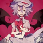  ascot bad_id bad_pixiv_id bat_wings brooch fang hair_between_eyes hat hat_ribbon higa423 highres jewelry looking_at_viewer mob_cap nail_polish puffy_short_sleeves puffy_sleeves purple_hair red_background red_eyes red_nails remilia_scarlet ribbon sanpaku short_hair short_sleeves simple_background skirt_hold slit_pupils smile smirk solo touhou wings wrist_cuffs 