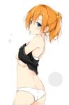  alternate_hairstyle bangs black_shirt blue_eyes blush bra butt_crack cowboy_shot hair_between_eyes kousaka_honoka looking_back love_live! love_live!_school_idol_project no_pants orange_hair panties ponytail shiina_kuro shirt solo underwear undressing white_bra white_panties 